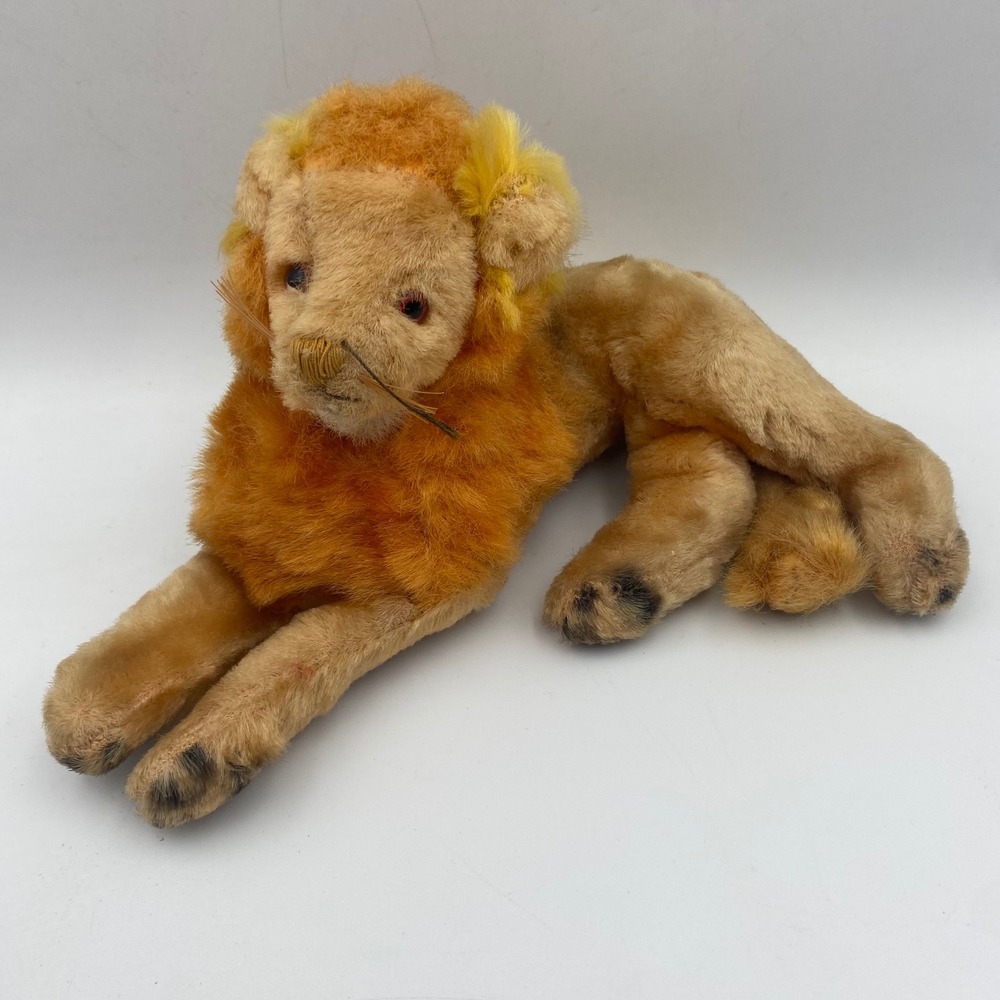 Vintage Japan Mohair Lion Plush Reclining Orange Mane Stuffed Animal 9 Inch